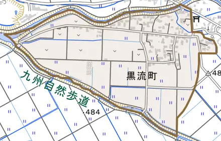 黒流町とその周辺の地図。町の範囲を重ねている