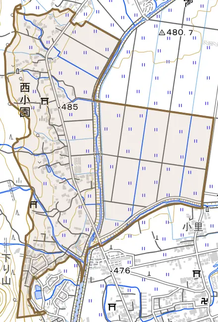 西小園とその周辺の地図。町の範囲を重ねている