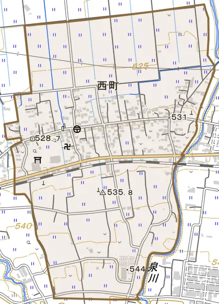西町とその周辺の地図。町の範囲を重ねている