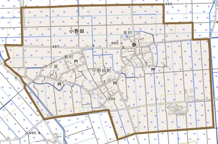 小野田とその周辺の地図。町の範囲を重ねている