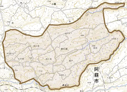 波野大字赤仁田とその周辺の地図。町の範囲を重ねている