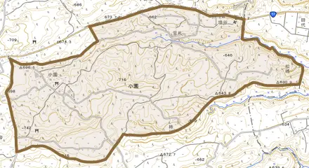 波野大字小園とその周辺の地図。町の範囲を重ねている