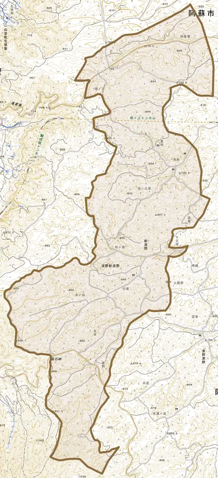 波野大字新波野とその周辺の地図。町の範囲を重ねている