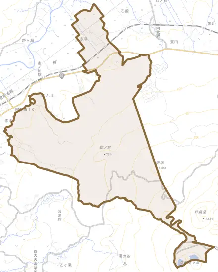 永草とその周辺の地図。町の範囲を重ねている