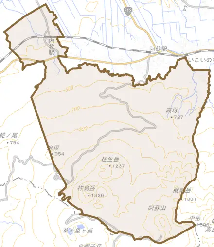乙姫とその周辺の地図。町の範囲を重ねている