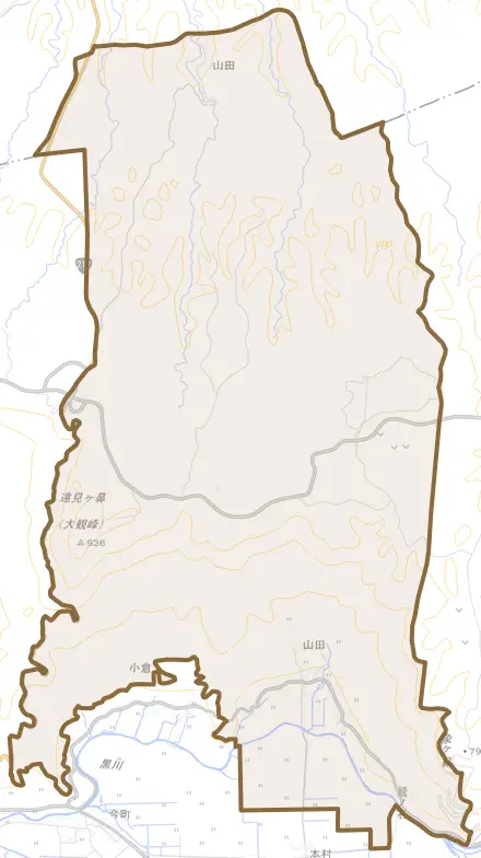 山田とその周辺の地図。町の範囲を重ねている