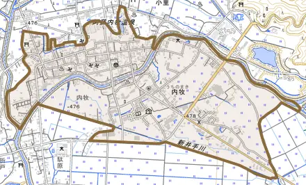 内牧とその周辺の地図。町の範囲を重ねている