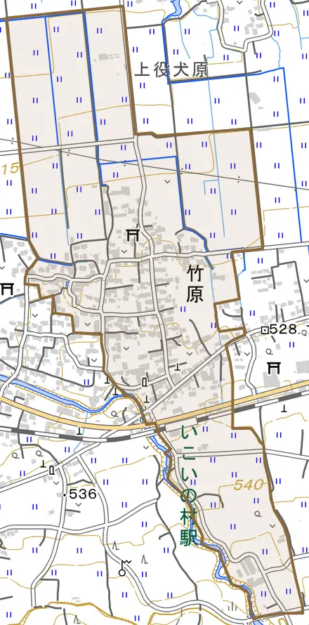 竹原とその周辺の地図。町の範囲を重ねている