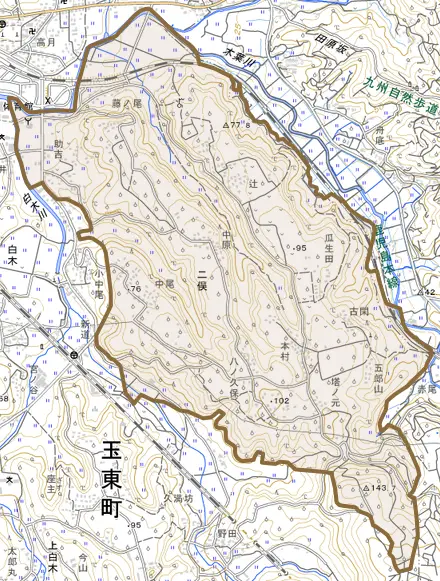 大字二俣とその周辺の地図。町の範囲を重ねている