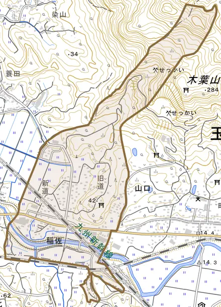 大字稲佐とその周辺の地図。町の範囲を重ねている