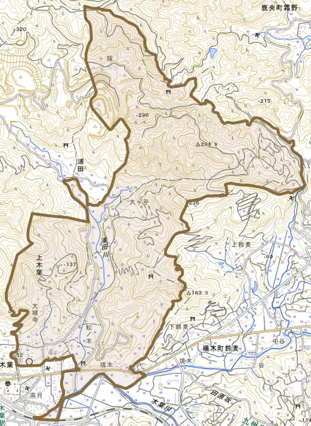 大字上木葉とその周辺の地図。町の範囲を重ねている
