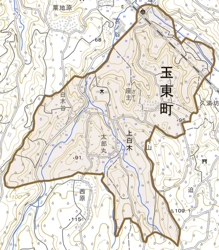 大字上白木とその周辺の地図。町の範囲を重ねている
