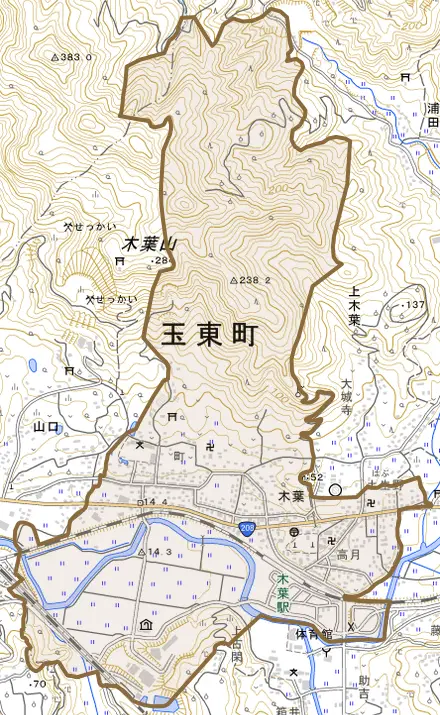 大字木葉とその周辺の地図。町の範囲を重ねている