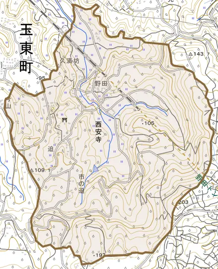 大字西安寺とその周辺の地図。町の範囲を重ねている
