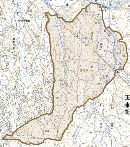 大字白木とその周辺の地図。町の範囲を重ねている