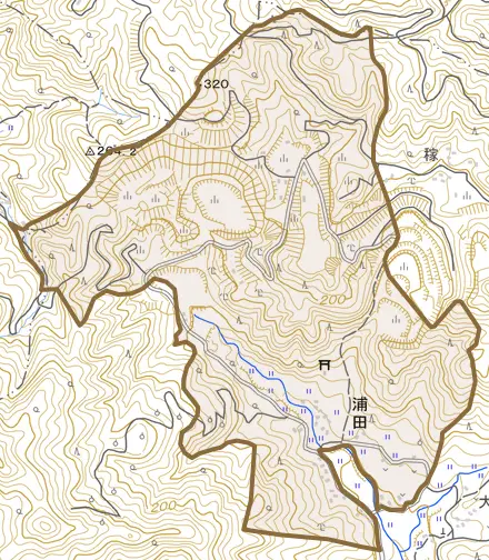 大字浦田とその周辺の地図。町の範囲を重ねている