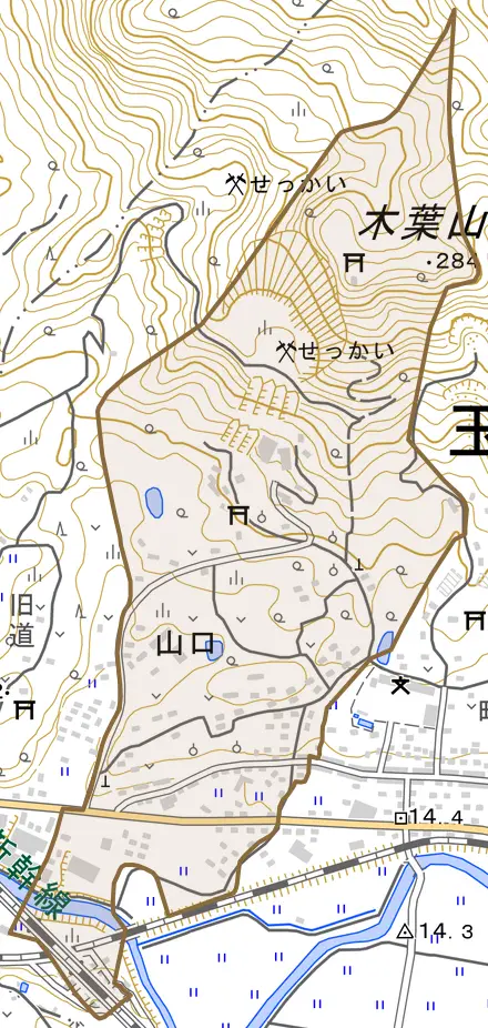 大字山口とその周辺の地図。町の範囲を重ねている