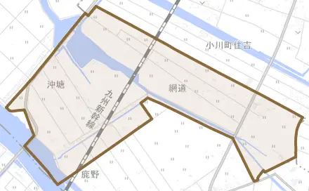 網道とその周辺の地図。町の範囲を重ねている