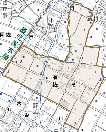 有佐とその周辺の地図。町の範囲を重ねている