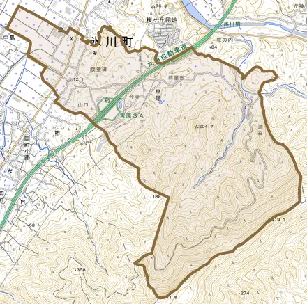 早尾とその周辺の地図。町の範囲を重ねている
