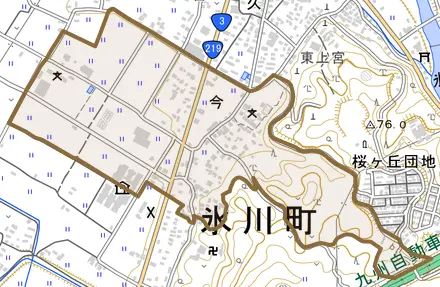 今とその周辺の地図。町の範囲を重ねている