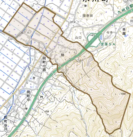 栫とその周辺の地図。町の範囲を重ねている