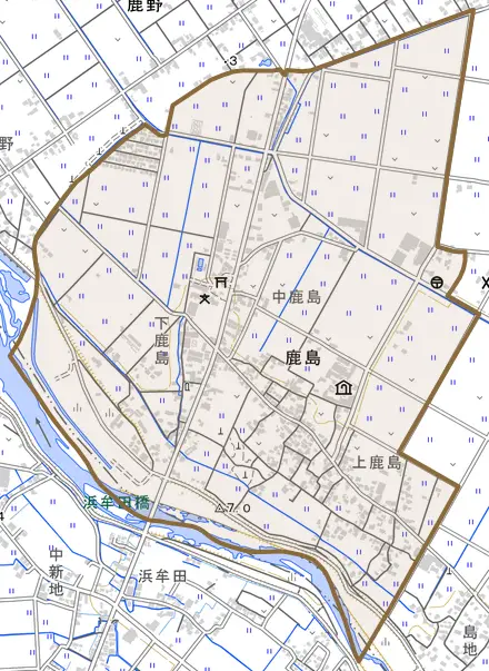 鹿島とその周辺の地図。町の範囲を重ねている