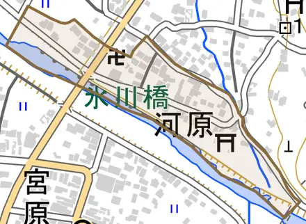 河原とその周辺の地図。町の範囲を重ねている