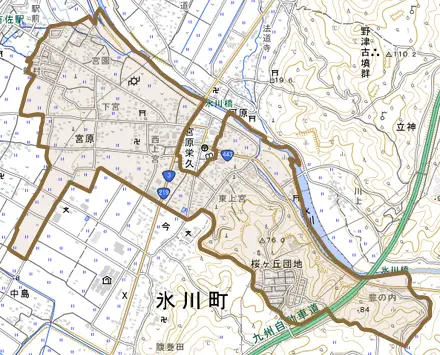 宮原とその周辺の地図。町の範囲を重ねている