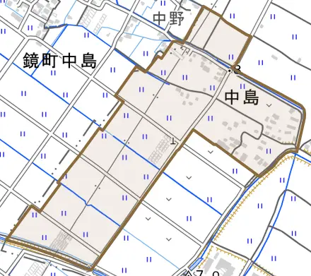 中島とその周辺の地図。町の範囲を重ねている