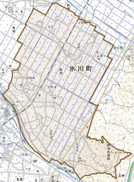 野津とその周辺の地図。町の範囲を重ねている