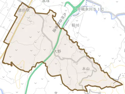 大野とその周辺の地図。町の範囲を重ねている