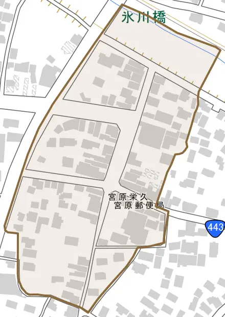 宮原栄久とその周辺の地図。町の範囲を重ねている