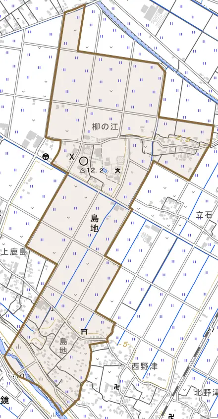 島地とその周辺の地図。町の範囲を重ねている