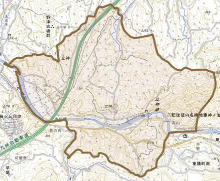 立神とその周辺の地図。町の範囲を重ねている
