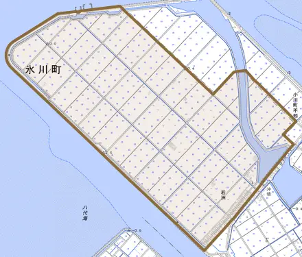 若洲とその周辺の地図。町の範囲を重ねている