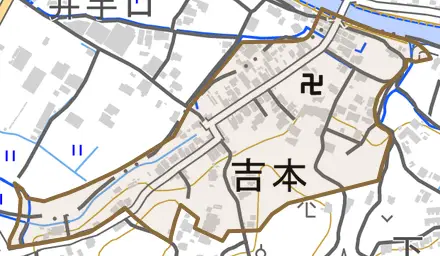 吉本とその周辺の地図。町の範囲を重ねている