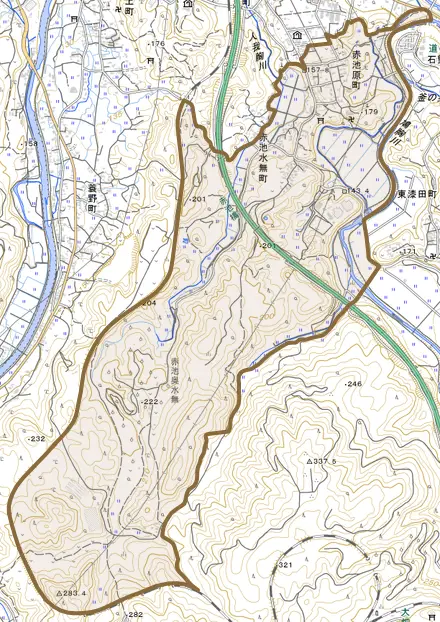 赤池原町とその周辺の地図。町の範囲を重ねている