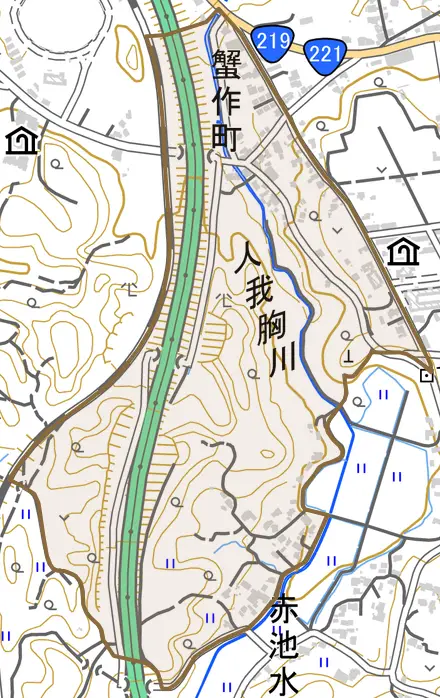 赤池水無町とその周辺の地図。町の範囲を重ねている
