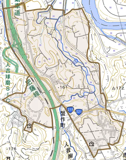 蟹作町とその周辺の地図。町の範囲を重ねている