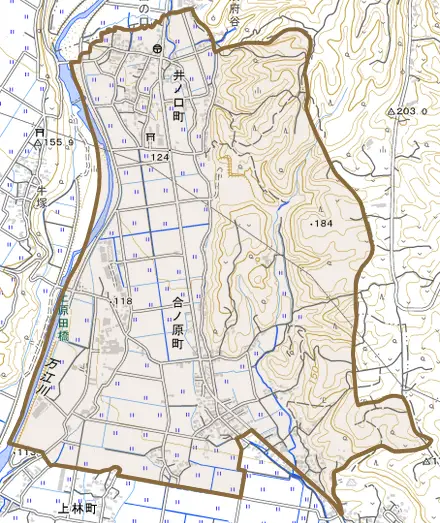 合ノ原町とその周辺の地図。町の範囲を重ねている