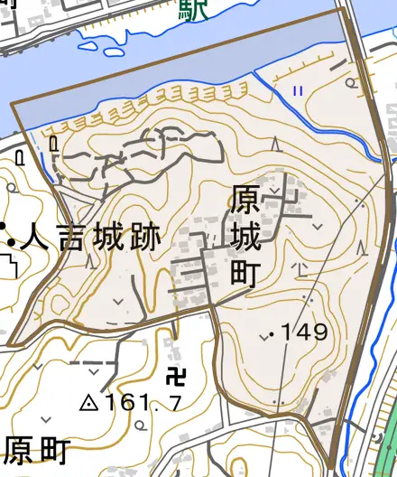 原城町とその周辺の地図。町の範囲を重ねている