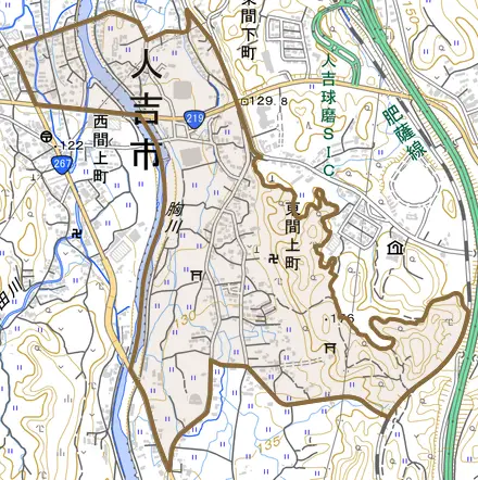 東間上町とその周辺の地図。町の範囲を重ねている