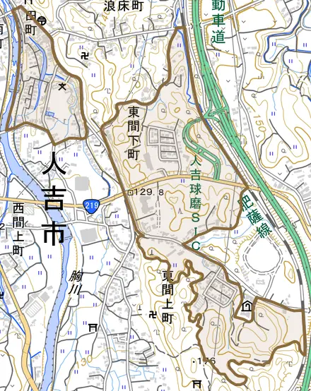 東間下町とその周辺の地図。町の範囲を重ねている