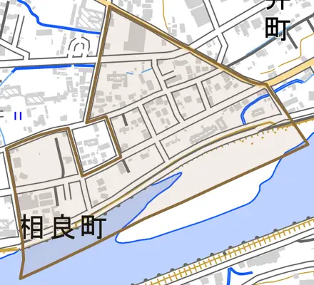 宝来町とその周辺の地図。町の範囲を重ねている