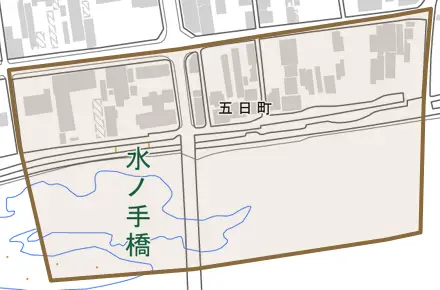 五日町とその周辺の地図。町の範囲を重ねている