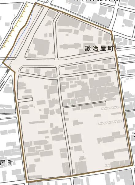 鍛冶屋町とその周辺の地図。町の範囲を重ねている