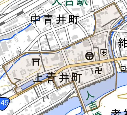 上青井町とその周辺の地図。町の範囲を重ねている