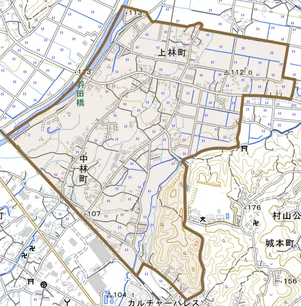 上林町とその周辺の地図。町の範囲を重ねている