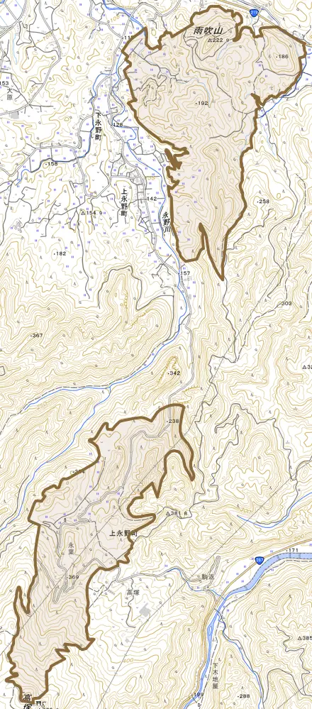 上永野町とその周辺の地図。町の範囲を重ねている